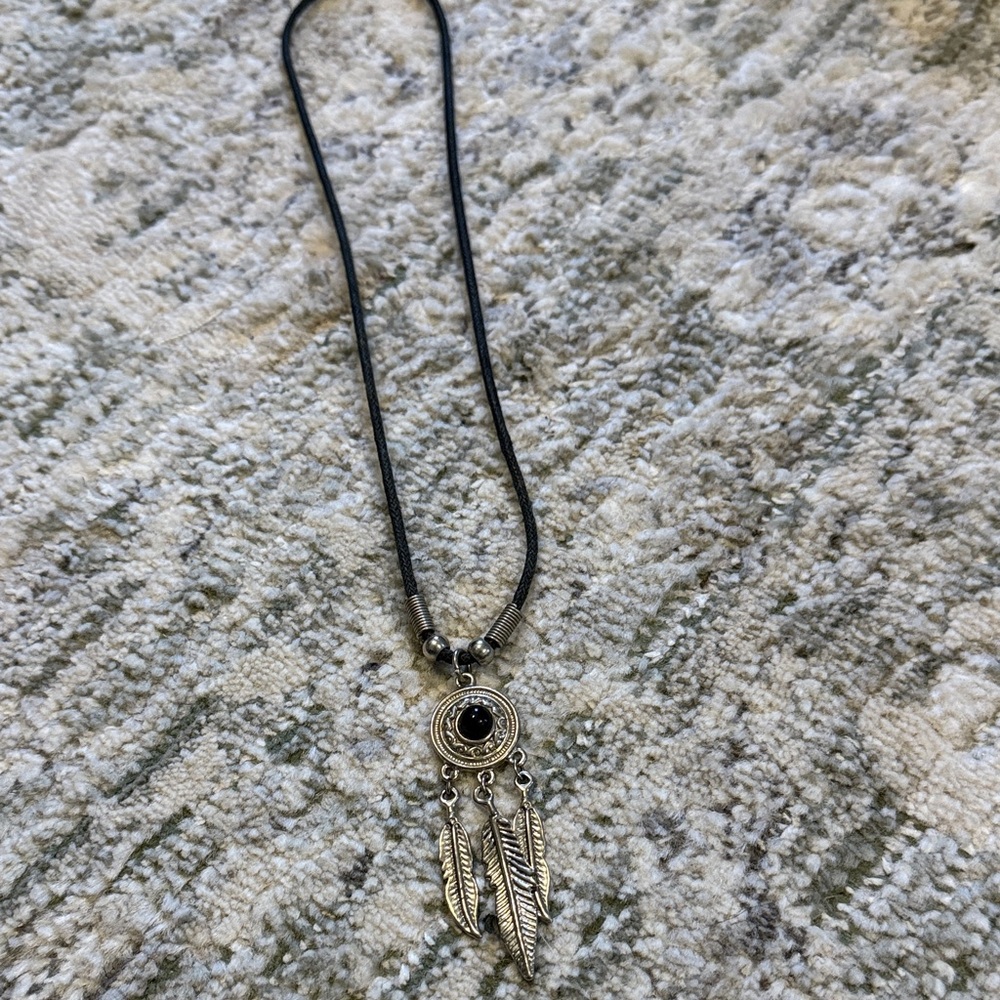 Boho Black and Silver Feather Pendant Necklace